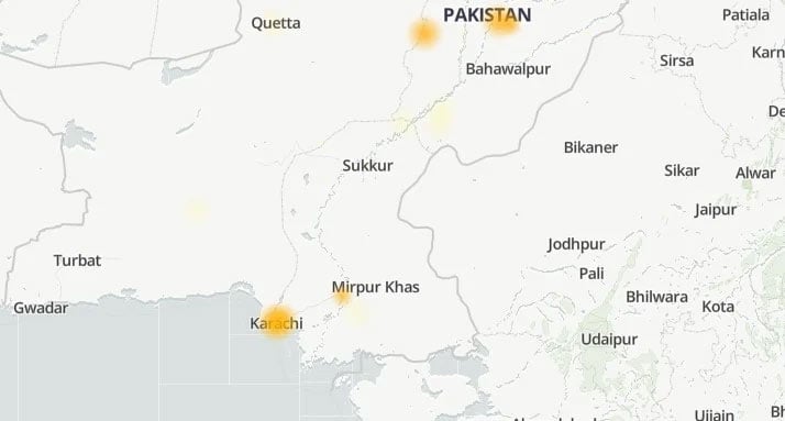 This screenshot of a map shows Karachi as the worst-hit region with WhatsApp connectivity issues across Pakistan. — Screenshot/Downdetector