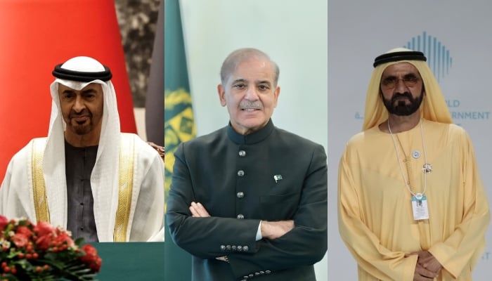 (From left) Photo collage of UAE Crown Prince Sheikh Mohamed bin Zayed, PM Shehbaz Sharif and UAE PM Sheikh Mohammed bin Rashid. — Reuters/PMO/File