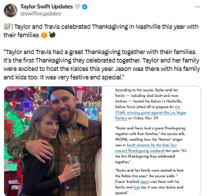 Taylor Swift, Travis Kelce celebrates special Thanksgiving with families