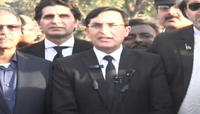 PTI chairman Barrister Gohar Ali Khan addresses the press conference outside Adiala Jail, Rawalpindi, on December 2, 2024. — Screengrab via Geo News