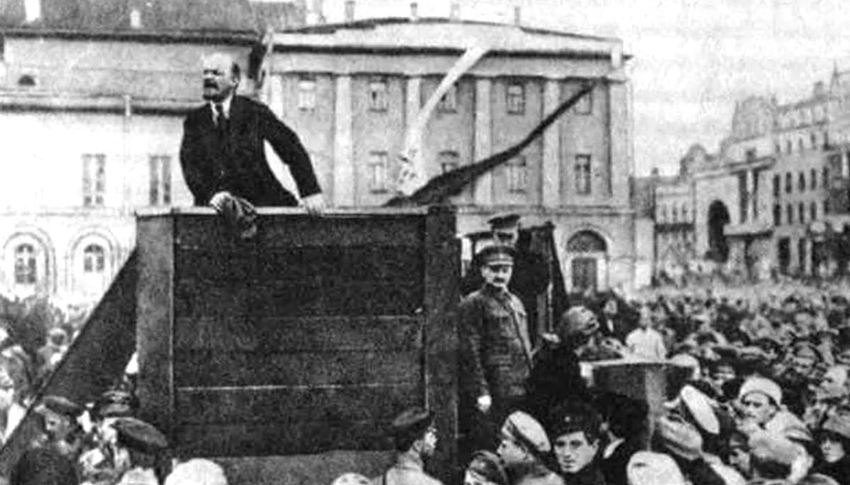 Vladimir Lenin speaking at an assembly of Red Army troops bound for the Polish front, Sverdlov Square, Moscow,5 May 1920. — The Communist