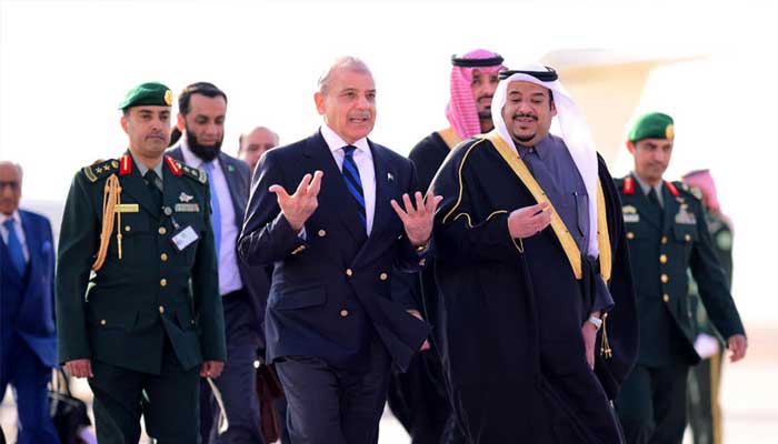 Deputy Governor of Riyadh Prince Muhammad bin Abdul Rehman bin Abdul Aziz receives Prime Minister Shehbaz Sharif upon his arrival in Riyadh, Saudi Arabia, December 3, 2024. — X/PTVNewsOfficial