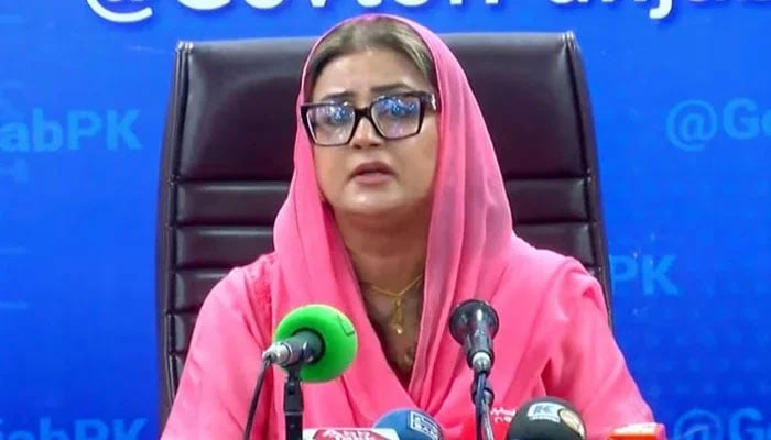 Punjab Information Minister Azma Bokhari addresses the press conference in Lahore on November 25, 2024. — Screengrab via Geo News