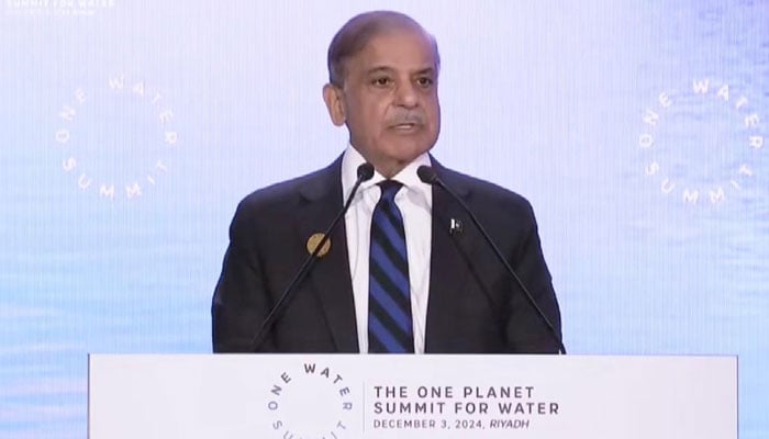 Prime Minister Shehbaz Sharif addresses “One Water Summit” in Riyadh on December 3, 2024. — PID