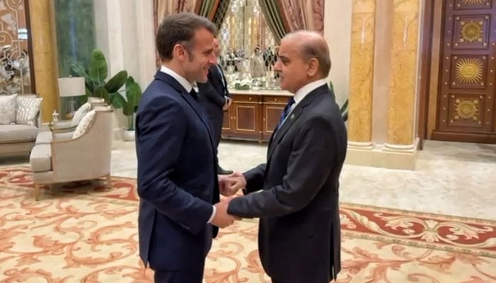 PM Shehbaz Sharif (right) meets French President Emmanuel Macron on the sidelines of the water summit in Riyadh. — X/@CMShehbaz