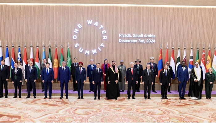 Prime Minister Shehbaz Sharif (fourth from right) in the family photo of the One-water summit being held in Riyadh on December 3, 2024. — PID