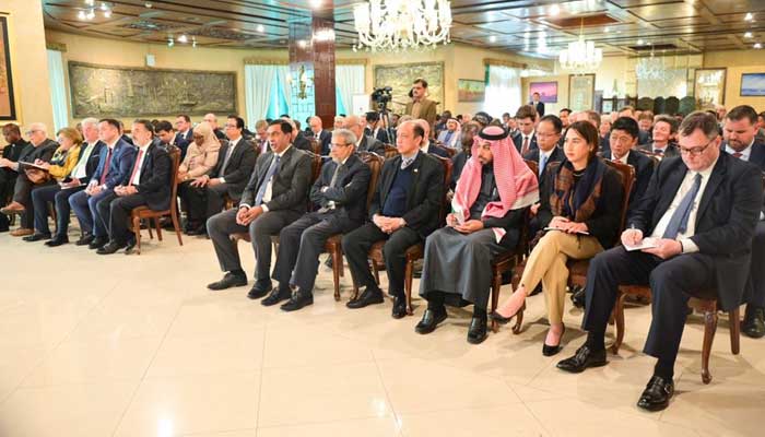 Members of the diplomatic corps attend briefing by Deputy Prime Minister and Foreign Minister Ishaq Dar on the recent developments in Islamabad, December 4, 2024. — X/@DPM_PK