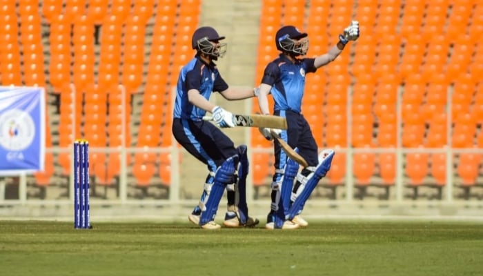 Vishnu Solanki and Abhimanyusingh Rajput celebrate Barodas win. — BCCI/File