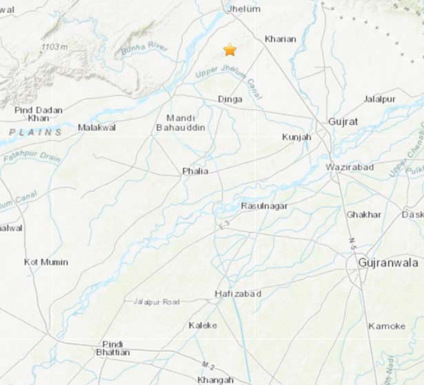 This screenshot of a map shows a star identifying an area near Kharian in Punjab as the epicentre of the 5.1-magnitude earthquake on December 5, 2024. — Screenshot/USGS