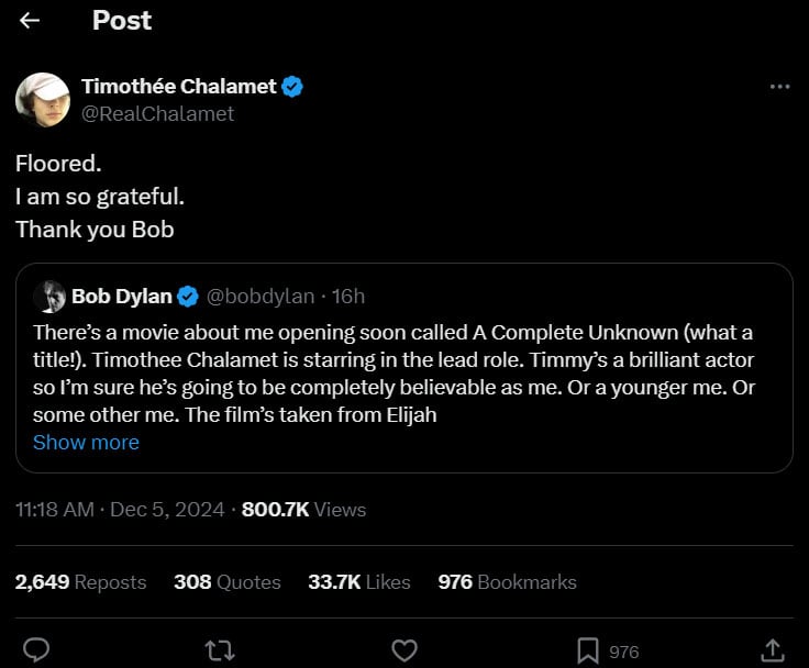 Timothée Chalamet reacts to Bob Dylans biopic comment