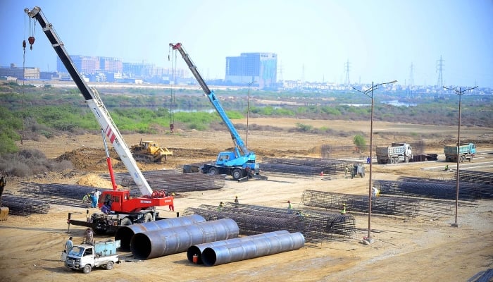 Construction works of Malir Expressway Korangi to Quaidabad Segment is underway, at Korangi Industrial Area in Karachi on Wednesday, November 6, 2024. — PPI