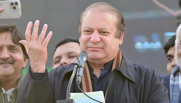 Pakistan Muslim League Nawaz supremo Nawaz Sharif gestures as he addresses a political campaign rally on February 6, 2024. — Facebook @PML(N)