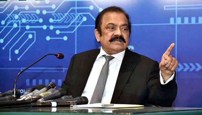 PMs Aide on Political Affairs Rana Sanaullah addresses a press conference in this undated image. — PID/File