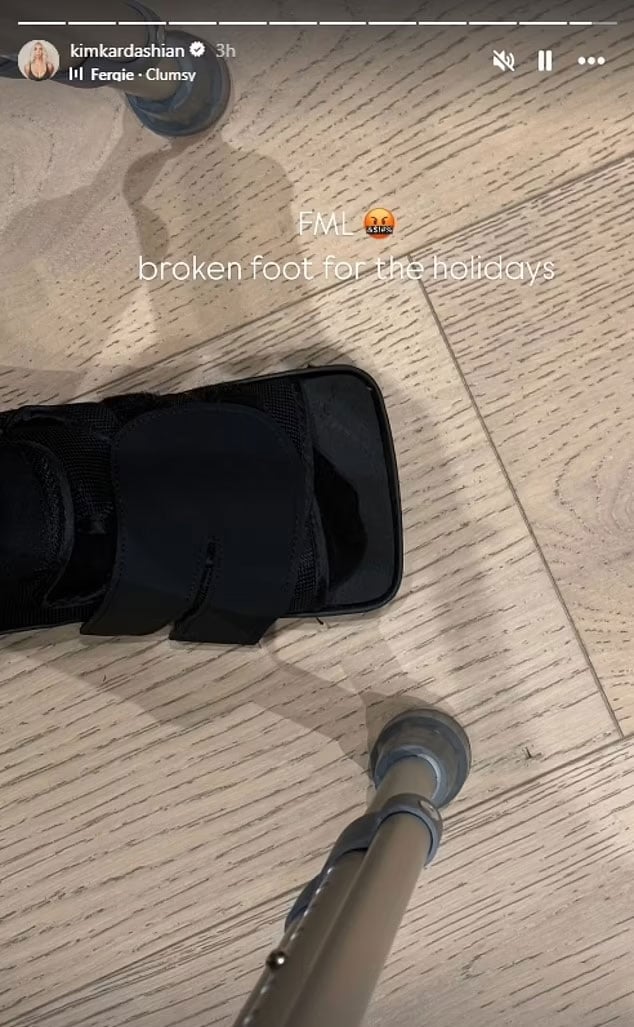 Kim Kardashian reveals broken foot with cast and crutches