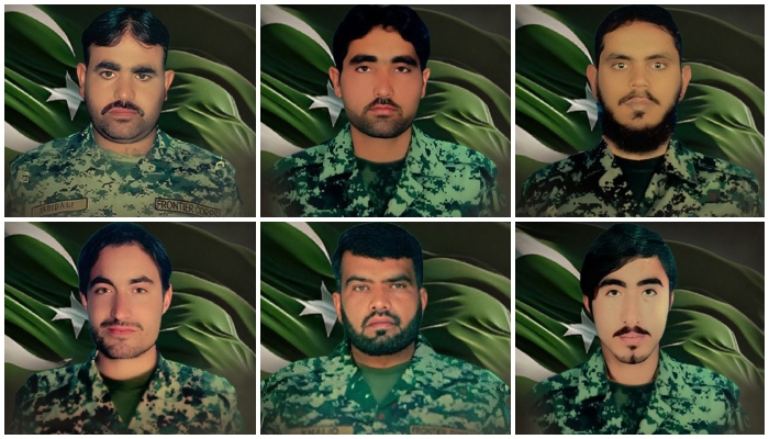 (Clockwise from top left to right) This collage shows martyred Pakistan Army soldiers, Havildar Jadid Ali, Lance Naik Shaheed Ur Rehman, Lance Naik Sifat Ullah, Lance Naik Wilayat Hussain, Naib Subedar Muhammad Khaliq, and Sepoy Nizam Uddin. — ISPR