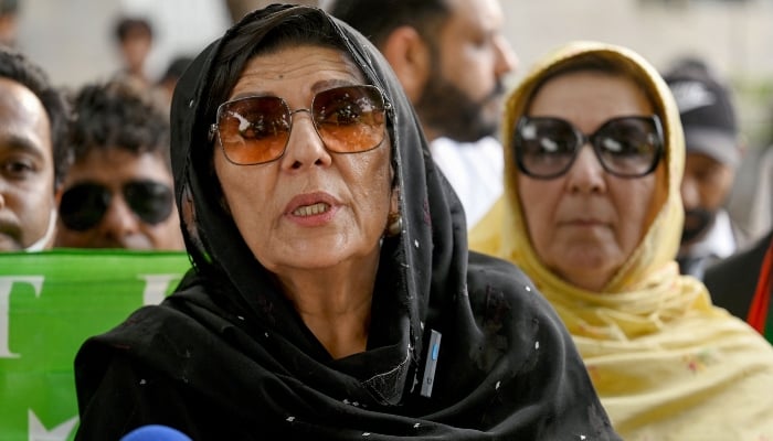 Aleema Khan, sister of  Imran Khan, speaks to media after a court verdict outside the Islamabad High Court at the capital on June 3, 2024. — AFP