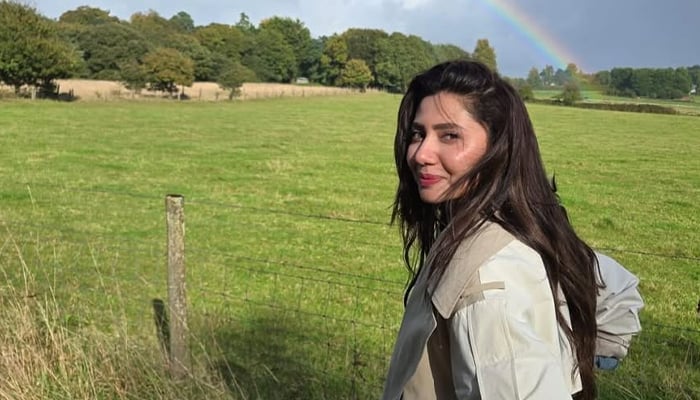 Superstar Mahira Khan pictured with a rainbow in the background. — Instagram/@mahirahkhan