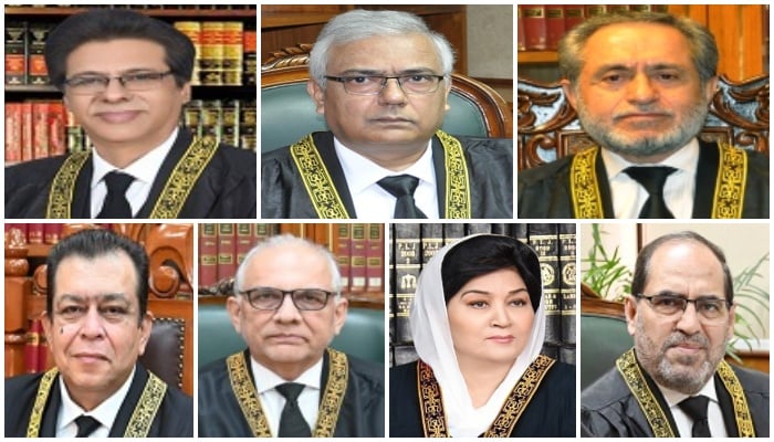 (Clockwise from top left) Collage shows Justice Muhammad Ali Mazhar, Justice Amin-ud-Din Khan, Justice Jamal Khan Mandokhail, Justice Shahid Bilal Hassan, Justice Syed Hasan Azhar Rizvi, Justice Musarrat Hilali and Justice Naeem Afghan. — SC website