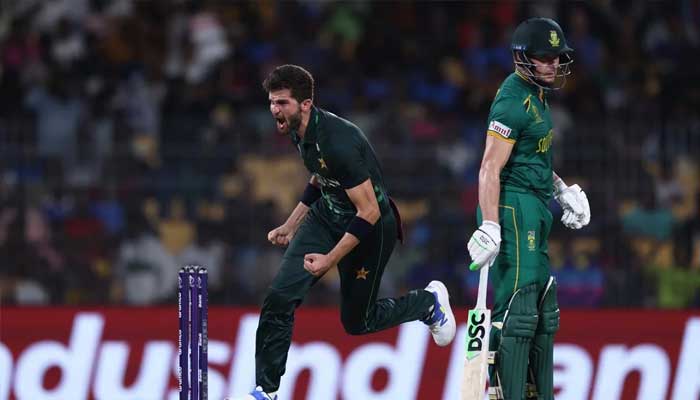 Pakistans Shaheen Shah Afridi celebrates after dismissing South Africas David Miller during ICC Mens Cricket World Cup 2023 fixture on October 27, 2023. — ICC