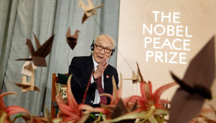 Terumi Tanaka representing the 2024 Nobel Peace Prize winner, the Nihon Hidankyo group, as he gives a press conference in Oslo, Norway, on December 9, 2024. — AFP