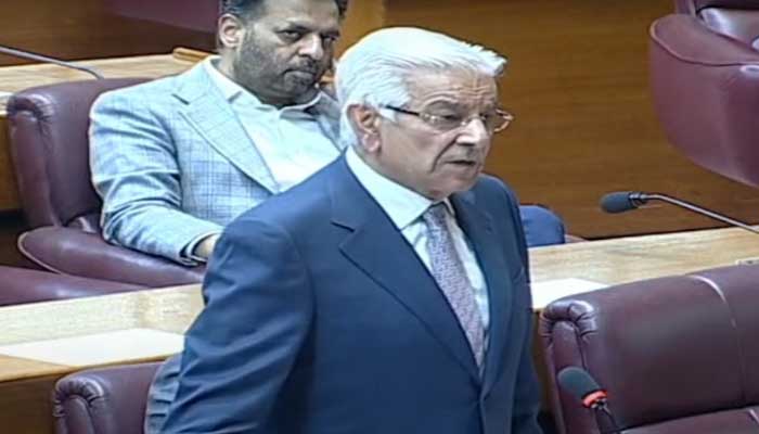 Defence Minister Khawaja Muhammad Asif speaks on the floor of the National Assembly in Islamabad, December 10, 2023. — Screengrab via YouTube/ Geo News