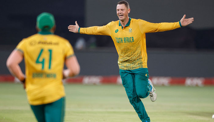 South Africas George Linde (right) appeals for the dismissal of Pakistans Haris Rauf (unseen) during the first T20 international cricket match between South Africa and Pakistan at the Kingsmead stadium in Durban on December 10, 2024. — AFP