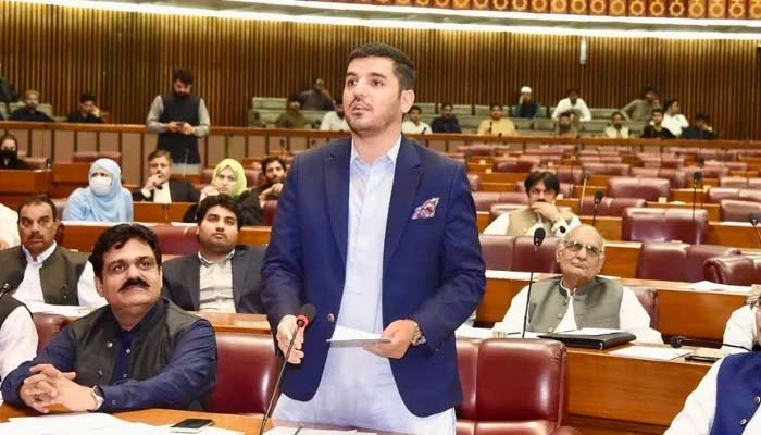 An undated image shows Adil Bazai speaking in the National Assembly, Islamabad. — Instagram/@adilbaxai