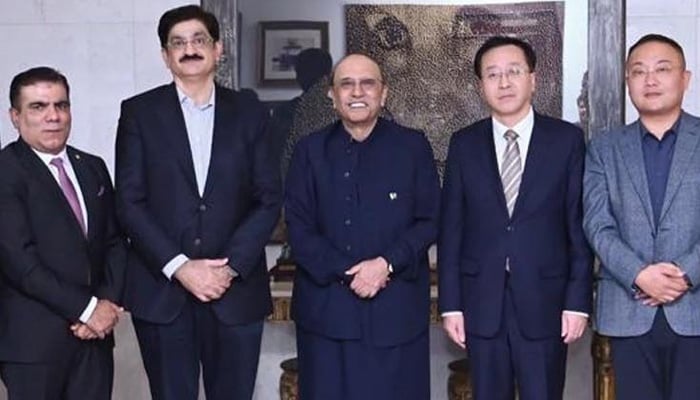 President Asif Ali Zardari (centre) in a group photo with Chinese business delegations, who called on him, at Bilawal House Karachi, on December 12, 2024. — PID