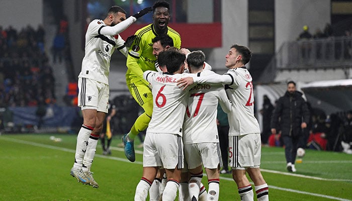 Manchester Uniteds Rasmus Hojlund celebrates scoring their second goal with teammates against Viktoria Plzen on December 12, 2024. — Reuters