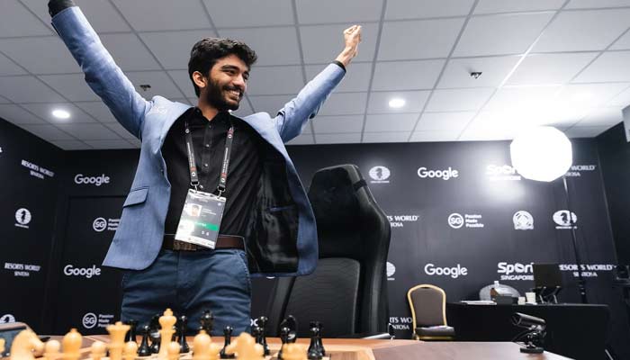 Indias grandmaster Gukesh Dommaraju celebrates as he wins FIDE World Championship in Singapore on December 12, 2024. — Instagram/@sgchessfed