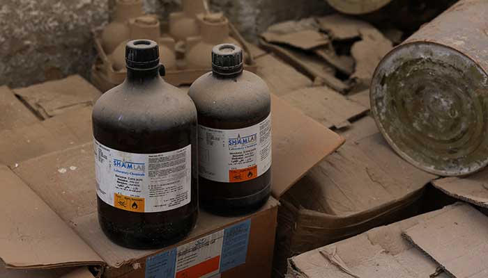 Containers with chemicals stand on boxes, inside of a building claimed to be a captagon factory according to fighters loyal to Syrias new ruling administration, on the outskirts of Damascus, Syria, December 12, 2024. — Reuters