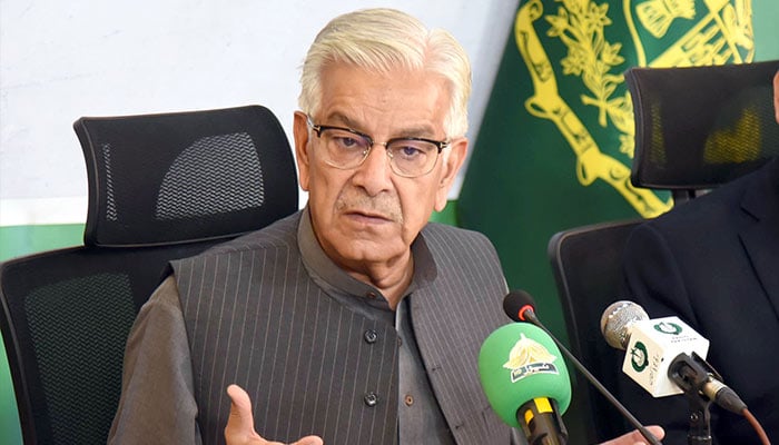 Federal Minister for Defence Khawaja Asif addressing a press conference in Islamabad on May 9, 2024. —  Online