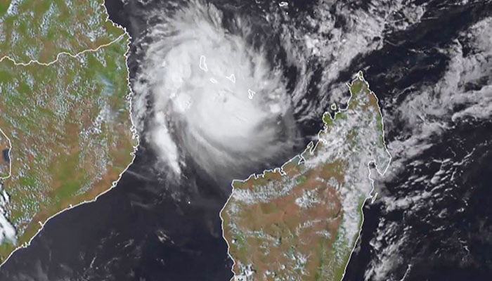 This video grab taken from a handout of animated satellite images taken and released on December 14, 2024, by the Cooperative Institute for Research in the Atmosphere (CIRA) at the Colorado State University, shows the Cyclone Chido over Mayotte (C), West of Madagascar and East of Mozambique. — AFP