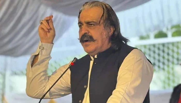 KP CM Ali Amin Gandapur gestures during a video link address to PTI workers on September 22, 2024. — Screengrab via Geo News