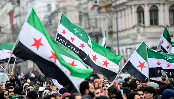 Members of the Syrian community wave Syrian flags on December 8, 2024. — AFP