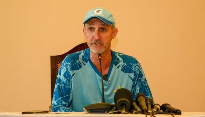 Former Pakistan red-ball coach Jason Gillespie speaks during a press conference. — PCB/File