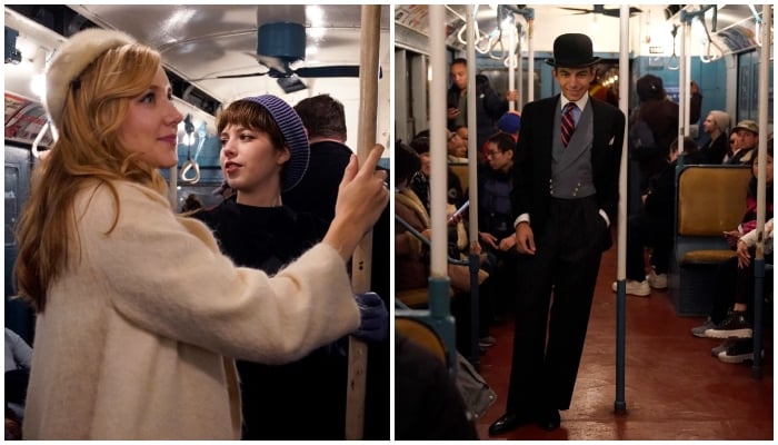 A combination of images shows travelers in period-appropriate costumes ride the Holiday Nostalgia Train in New York on December 8, 2024. — AFP