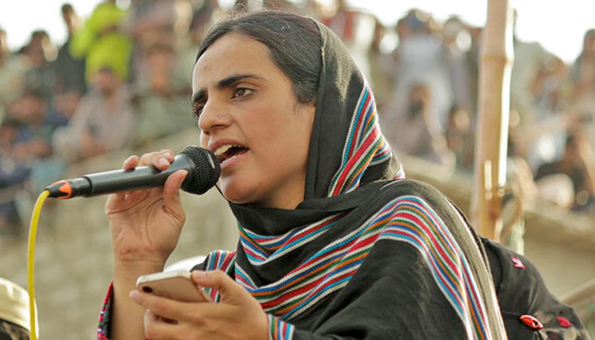 Dr Mahrang Baloch pictured during an address on August 10, 2024. — X/@BalochYakjehtiC