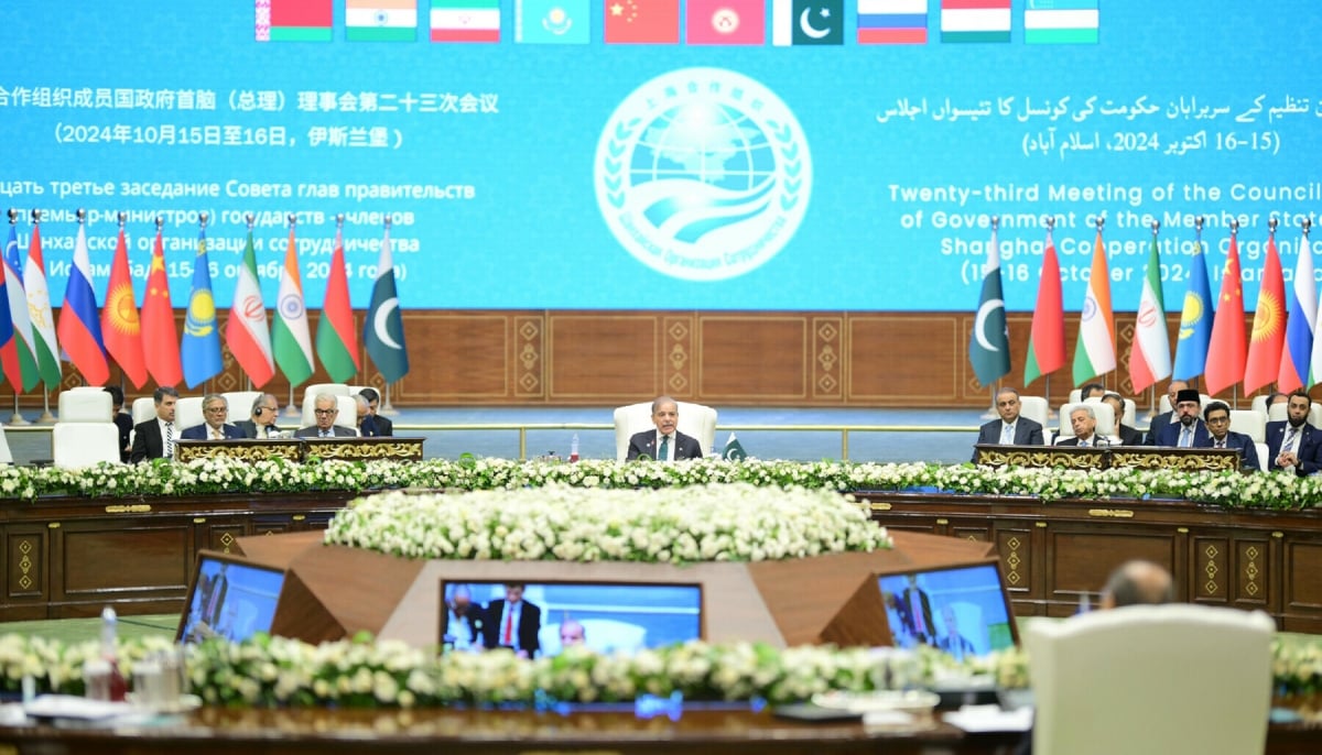 Prime Minister Shehbaz Sharif addresses the 23rd meeting of the SCO Council of Heads of Governments at Jinnah Convention Centre, Islamabad, on Oct 16, 2024. — PID