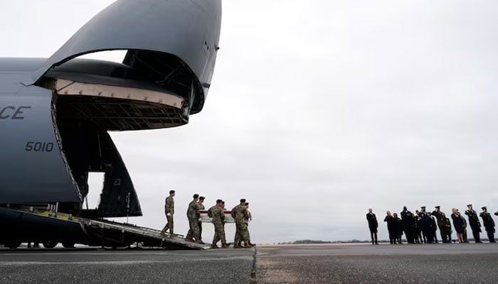 US President Joe Biden, first lady Jill Biden, Secretary of Defense Lloyd J. Austin III and Chairman of the Joint Chiefs of Staff and Air Force General Charles Q. Brown attend the dignified transfer of the remains of Army Reserve Sergeants William Rivers, Kennedy Sanders and Breonna Moffett, three US service members who were killed in Jordan during a drone attack carried out by Iran-backed militants, at Dover Air Force Base in Dover, Delaware, US, February 2, 2024. — Reuters