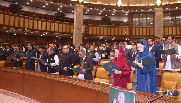 Members of the Punjab Assembly take oath at the provincial legislative assembly’s inaugural session in Lahore on February 23, 2024. — X/@pmln_org