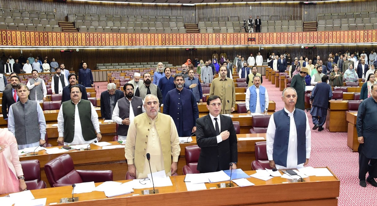 PTI Chairman Barrister Gohar Ali Khan (centre), Leader of the Opposition Omar Ayub (right)and other PTI MNAs pictured during a National Assembly session on November 4, 2024. — X@NAofPakistan