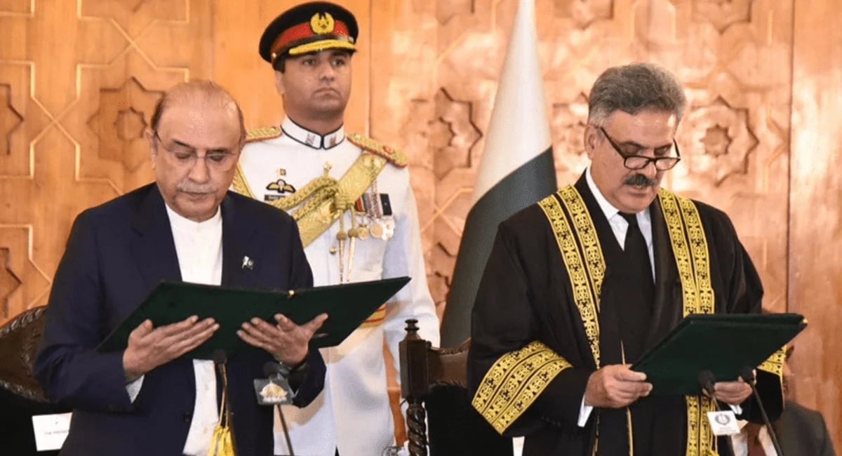 President Asif Ali Zardari (left) administers the oath of office to Justice Yahya Afridi during a ceremony at President House, Islamabad, on Oct 26, 2024. — via X/MediaCellPPP