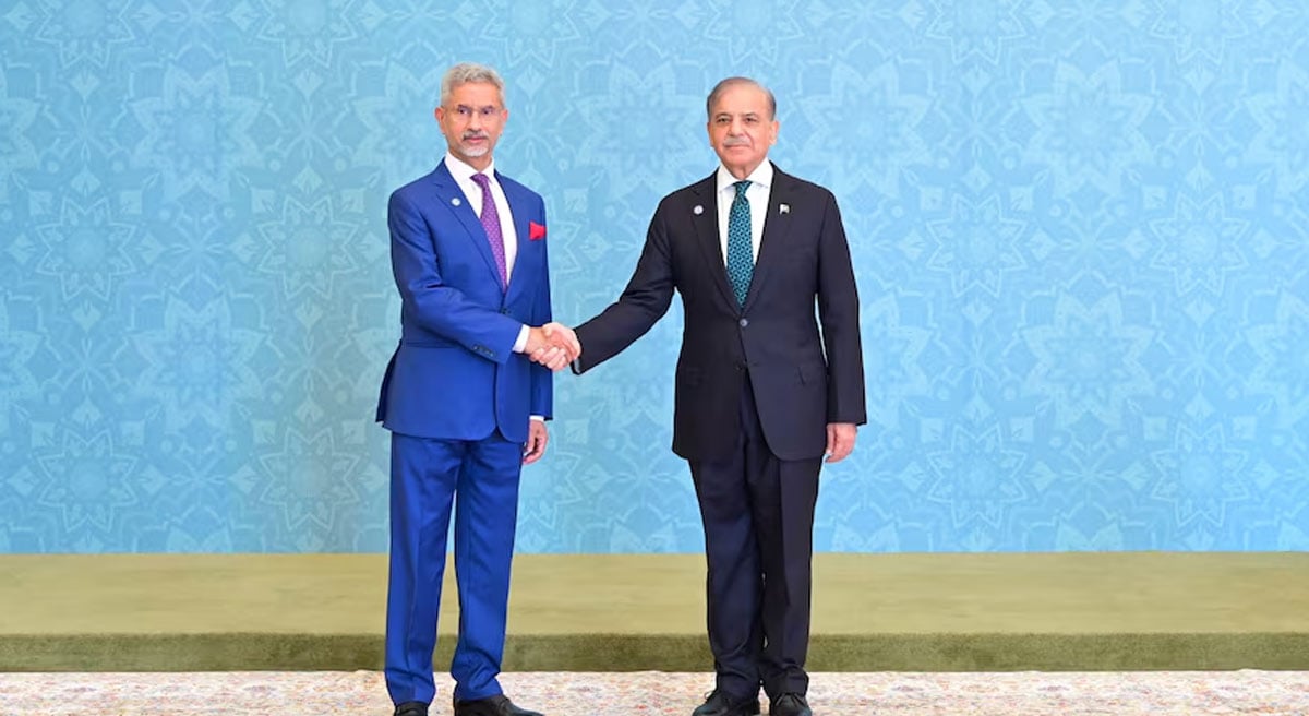 Prime Minister Shehbaz Sharif receives the Indian Foreign Minister Subrahmanyam Jaishankar, at the venue of the 23rd Shanghai Cooperation Organisation (SCO) on the Council of Heads of Government Meeting in Islamabad, October 16, 2024. — Reuters via PID