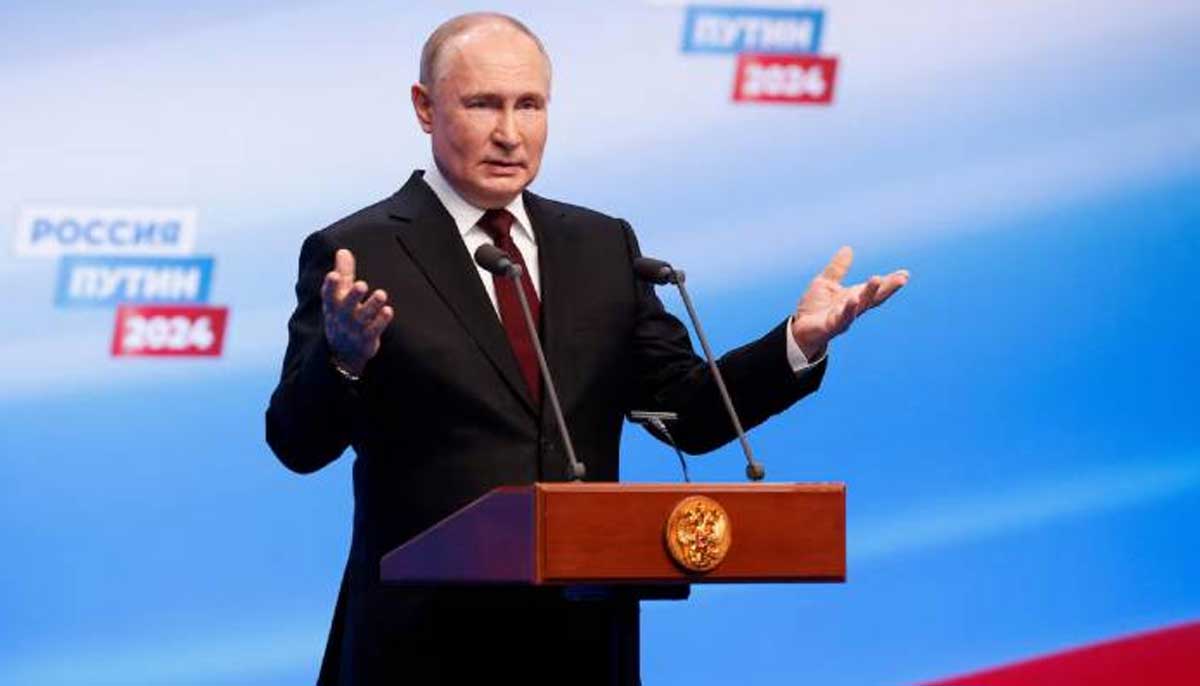 Russian President Vladimir Putin speaks at his election campaign headquarters in Moscow on March 17, 2024. — Reuters