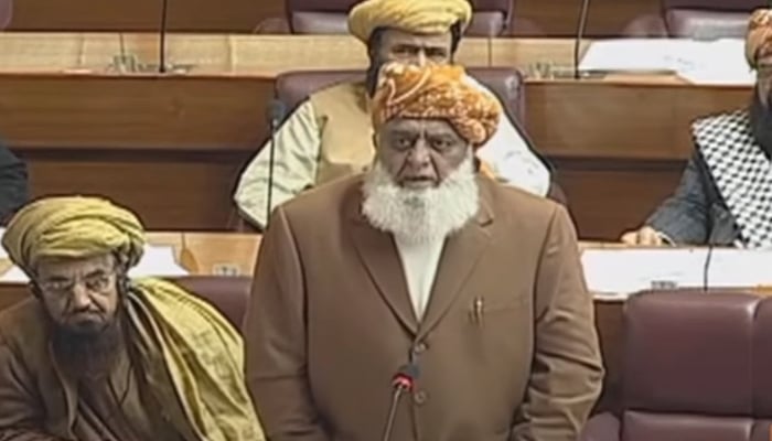 Jamiat Ulema-e-Islam-Fazl (JUI-F) chief Maulana Fazlur Rehman addressing the National Assembly on December 17, 2024. —Screengrab/ Geo News