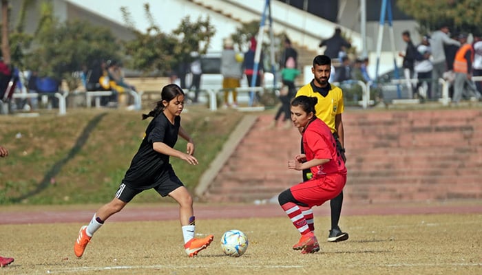 Football players in action during Quaid-e-Azam Inter-Provincial Games at Pakistan Sports Complex Islamabad. — Facebook/@PakistanSportsBoard