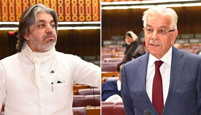 Pakistan Tehreek-e-Insaf lawmaker Ali Muhammad Khan (Left) and Defence Minister Khawaja Muhammad Asif at National Assembly floor, Islamabad, December 17, 2024. — X/@NAofPakistan