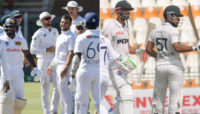 South Africas Test team celebrating wicket against Sri Lankas Test team (L) and Pakistans Abdullah Shafique raises his bat against England as skipper Shan Masood stands behind him. — AFP/PCB/file