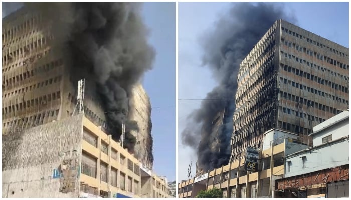 This combination of images shows smoke billowing out of the a  multi-storey building on MA Jinnah Road, Karachi on December 19, 2024. — Reporter